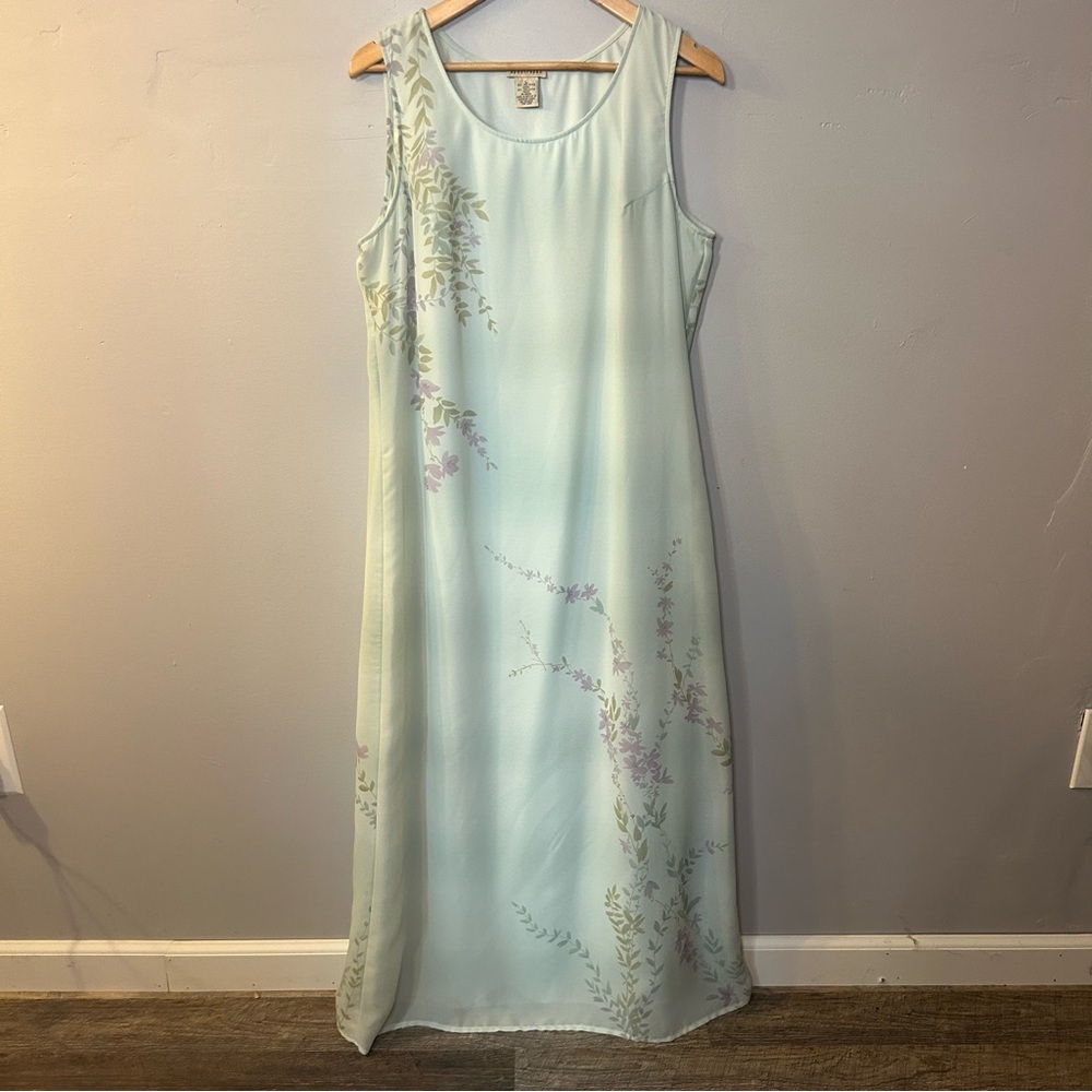 Apostrophe 90's Maxi Dress Light Green Floral Print Sleeveless Large Cottage